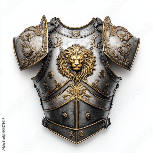 A breastplate with a lion's head emblem, medieval armor, soft silver and gold tones, isolated on white background