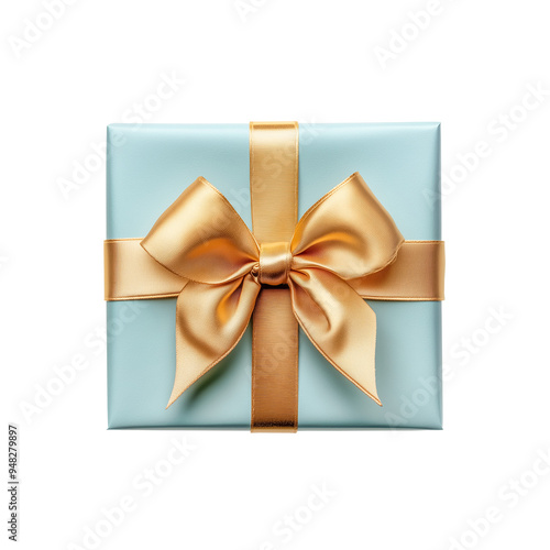 Light blue gift box with golden ribbon and bow isolated on transparent background, top view. PNG file.