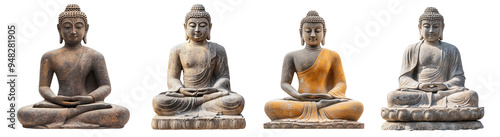 Stone Buddha statues in meditation poses traditional spiritual sculptures transparent background