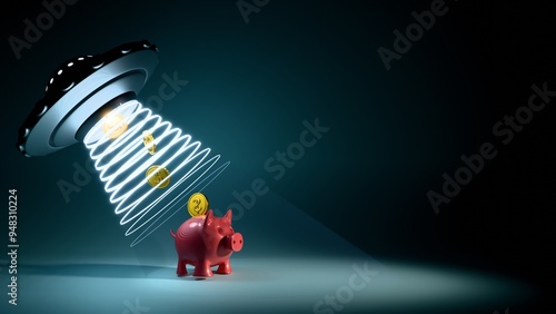 Disc-shaped UFO steals currency from porcine bank. 3D illustration on financial planning. Shadowy setting, space for text. Coral and indigo shades.