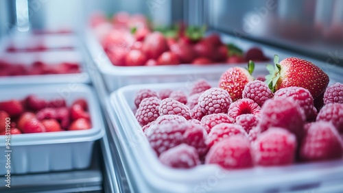 Fresh strawberries and raspberries stored in trays inside a high-tech refrigeration unit, highlighting modern refrigeration technology and food safety standards, Refrigeration chamber for food storage