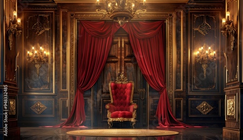 Throne in luxury royal room. Historic vintage king red chair. Retro golden interior of palace or museum. Classic elegant baroque armchair. Royalty seat