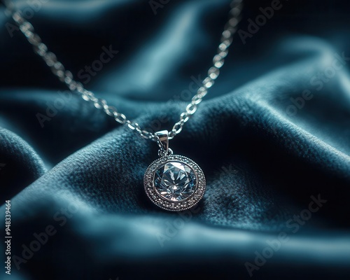 Necklace with a pendant lying on a velvet surface, sparkling