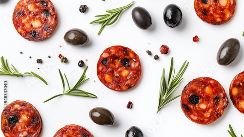 Colorful assortment of sliced cured meats, olives, and herbs arranged artistically on a white background