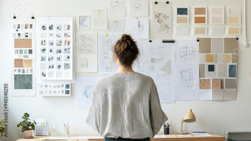 Creative agency team working on a brand strategy, with mood boards and design sketches on the wall