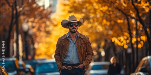 A man confidently standing in a cowboy hat and stylish sunglasses in the midst of a vibrant autumn setting, surrounded by an array of colorful fall foliage, city elements, and natural beauty