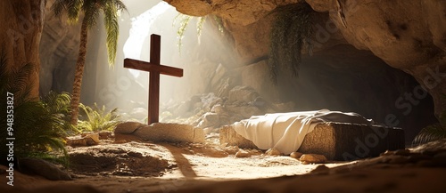 A concept of Easter or Resurrection with the empty tomb of Jesus and crosses in the background. He is Risen, He is Risen.