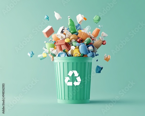 Waste skip container, overflowing with household trash, recycling symbols, 3D illustration