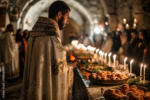 Man in ceremonial robe holding a cross in a candlelit room with fruits and incense.