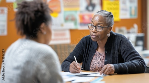 Healthcare provider engages with elderly woman at community center to discuss health equity and social determinants of health