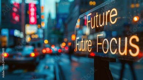 A motivational poster with the phrase "Future Focus" and a blurred background of city lights