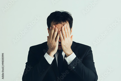 Portrait of overstressed business man covering face with his hands isolated. Emotion of stress or despair