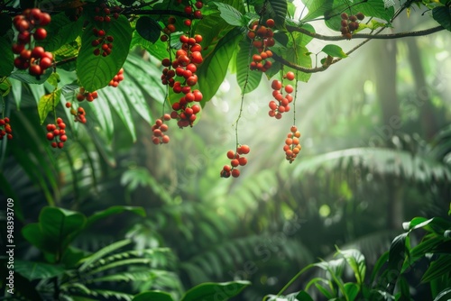 Guarana.Guarana fruits.Guarana seeds.Guarana powder.Brazilian soda. Guarana berries hanging from lush green vines in a tropical rainforest, with ample copy space