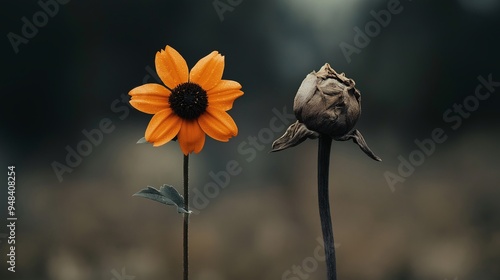 Life and Death: A stark contrast between a vibrant orange flower in full bloom and a withered, dying rose bud. 