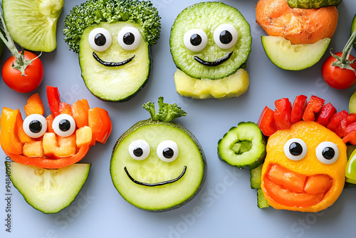 A photo of different fruits and vegetables foods in plates Creative food for children