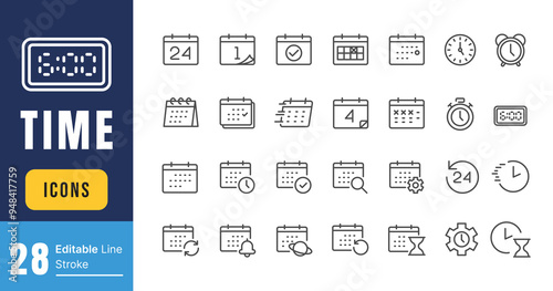 Set of Calendar Related Vector Line Icons. Contains such Icons as Appointment, Date Settings, Working Schedule and more. Editable Stroke.