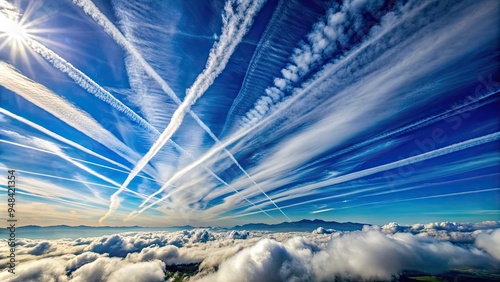 Dramatic aerial view of wispy contrails streaking across a vibrant blue sky, intersecting above a soft, white, puffy cloud, evoking a sense of freedom and adventure.