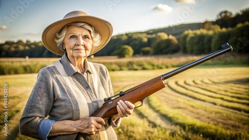 Elderly woman wearing a hat and holding a rifle, standing in a rural setting with a target in the background, exuding confidence and skill.