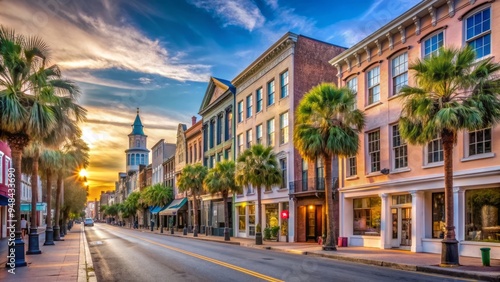 Historic King Street in Charleston, South Carolina, lined with charming boutique shops, restaurants, and centuries-old architecture, radiates Southern elegance and charm under sunny skies.