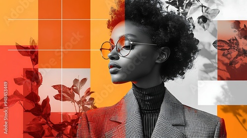 A stylish woman wearing glasses, depicted in an artistic composition combining monochrome and vibrant orange elements with abstract floral accents.