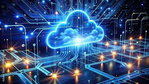  Futuristic illustration of interconnected devices and sensors streaming data to a cloud platform, surrounded by flowing lines and glowing circuits, symbolizing IoT infrastructure.