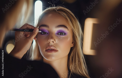 A makeup artist is applying purple eyeliner to the model's eye, with soft lighting and a mirror in front of them. 