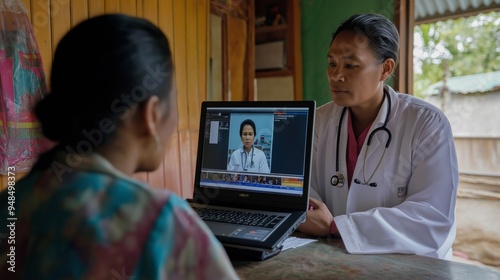 Asian doctor guiding local health worker in remote clinic through telehealth consultation