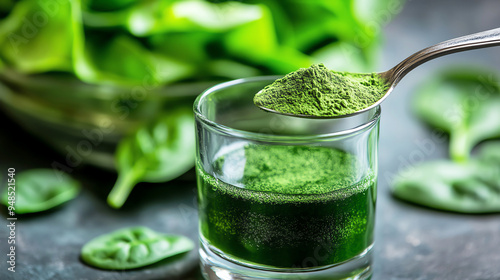 Close-up of a spoonful of chlorophyll powder being mixed into a glass of water, with fresh spinach leaves in the background, chlorophyll supplement, pure health concept