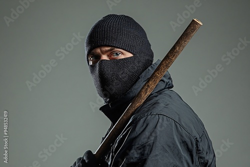 Man in Balaclava Holding Stick in Urban Setting