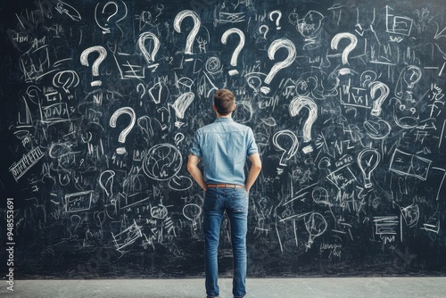 A man stands in front of a blackboard with question marks and scribbles, trying to figure out the details of his business plan Generative AI