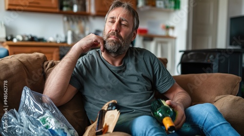 A man sitting on a couch appears pensive, holding a bottle and surrounded by remnants of a messy living space, suggesting contemplation and relaxation after a long day