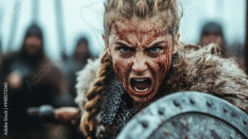 A medieval warrior with braided hair grips a shield firmly, ready to face foes on a misty battlefield, showing resilience and strength amidst the chaotic surroundings.