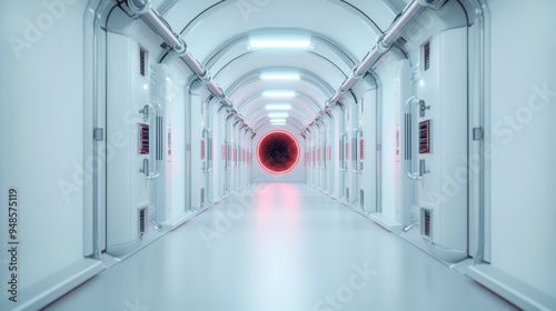 A pristine white hallway with high-tech doors lined up, leading to a futuristic room with a glowing red circular portal, evoking a sense of sci-fi wonder.