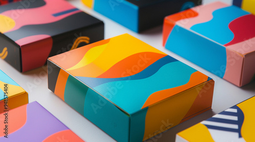 A close-up of a custom branded package, with a company logo and vibrant colors printed on the box.