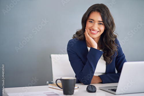 Proud, space or businesswoman in portrait on laptop for consulting online, research or policy review. Confident, lawyer or legal advisor on technology for case schedule, email and attorney advice