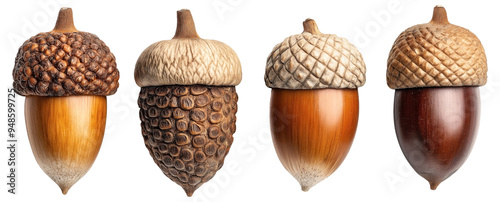 Close-up of four different types of acorns in a row on a white background.