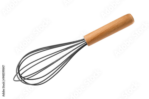 Kitchen whisk with wooden handle on a transparent background. Kitchen tool concept. isolated object