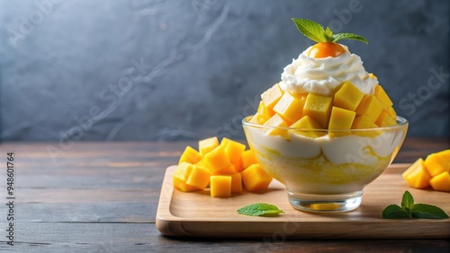 Ice bingsu milkshake with ripe mango in bowl isolated on background, Bingsu, milkshake, ripe mango, dessert, cold, refreshing