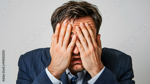 Emotion of stress or despair. Portrait of overstressed business man covering face with his hands isolated. 