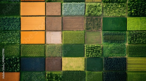 14. **An aerial view of a patchwork of different crops on farmland.