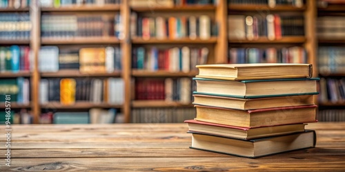 A stack of library books on a wooden table , education, reading, literature, research, studying, knowledge, textbooks