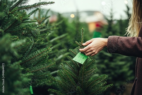 Person choosing Christmas tree, hand with tag.