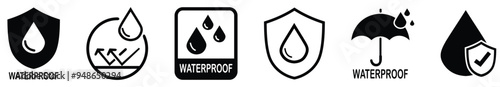 Waterproof icons set. Collection of water resistant signs. Water protection, liquid proof protection. Shield with water drop. Anti wetting material, hydrophobic fabric, surface protection.