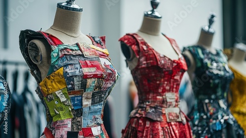 eco-friendly fashion, mannequins showcase upcycled clothing, promoting sustainable fashion practices under a banner