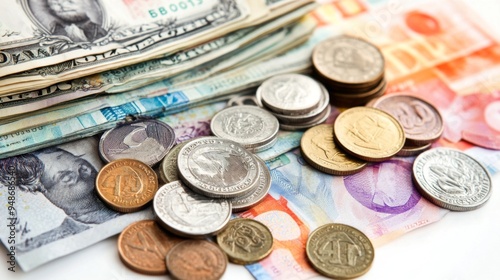 A stack of various currency notes and coins arranged neatly on a white background, highlighting the diversity and value of different currencies.