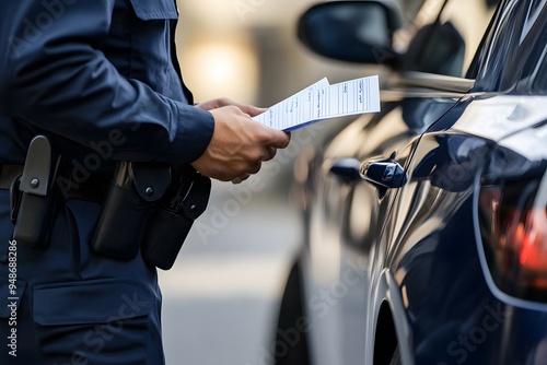 policeman writing a ticket to a parked car