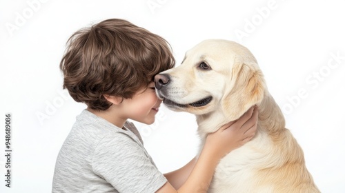 Special needs assistance, autism service dog helping child, warm and caring scene, photorealistic, isolated on white background