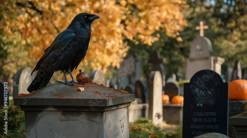 Cemitério decorado para o Halloween com corvo e lápides