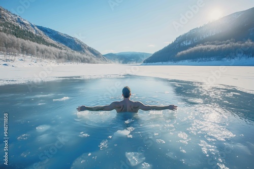 Adult man taking ice bath at frozen lake in the morning. Health concept