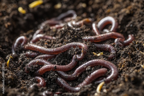 Close-up image of earthworms in soil. This image can be used to illustrate the importance of worms in soil health.